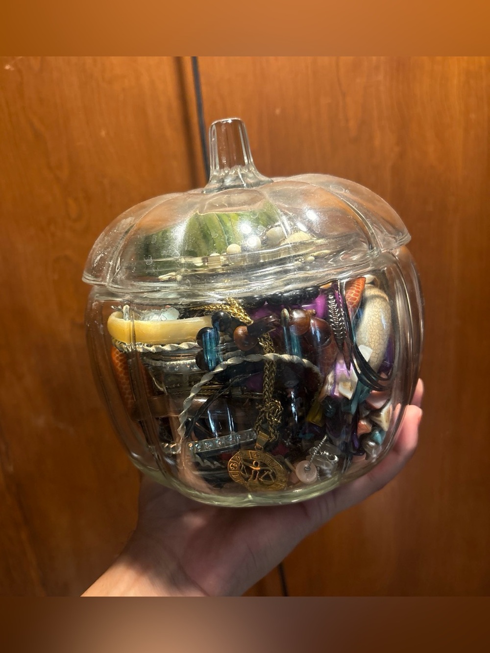 Big glass pumpkin mystery jewlery full of bracelets necklaces